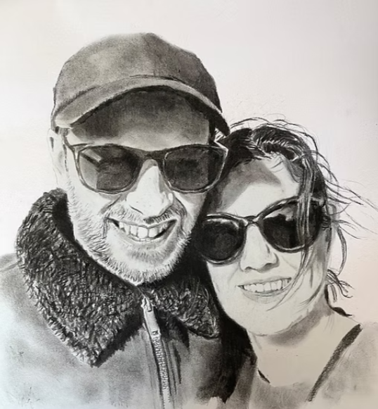 A black-and-white sketch of a smiling man and woman wearing sunglasses, close together in a relaxed pose.