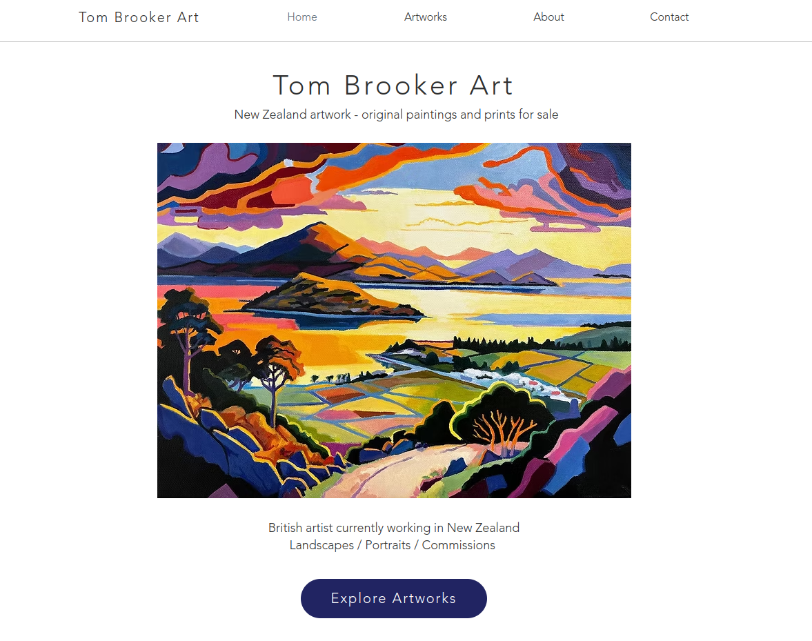 Colorful landscape painting of a sunset over mountains, water, and fields with trees.