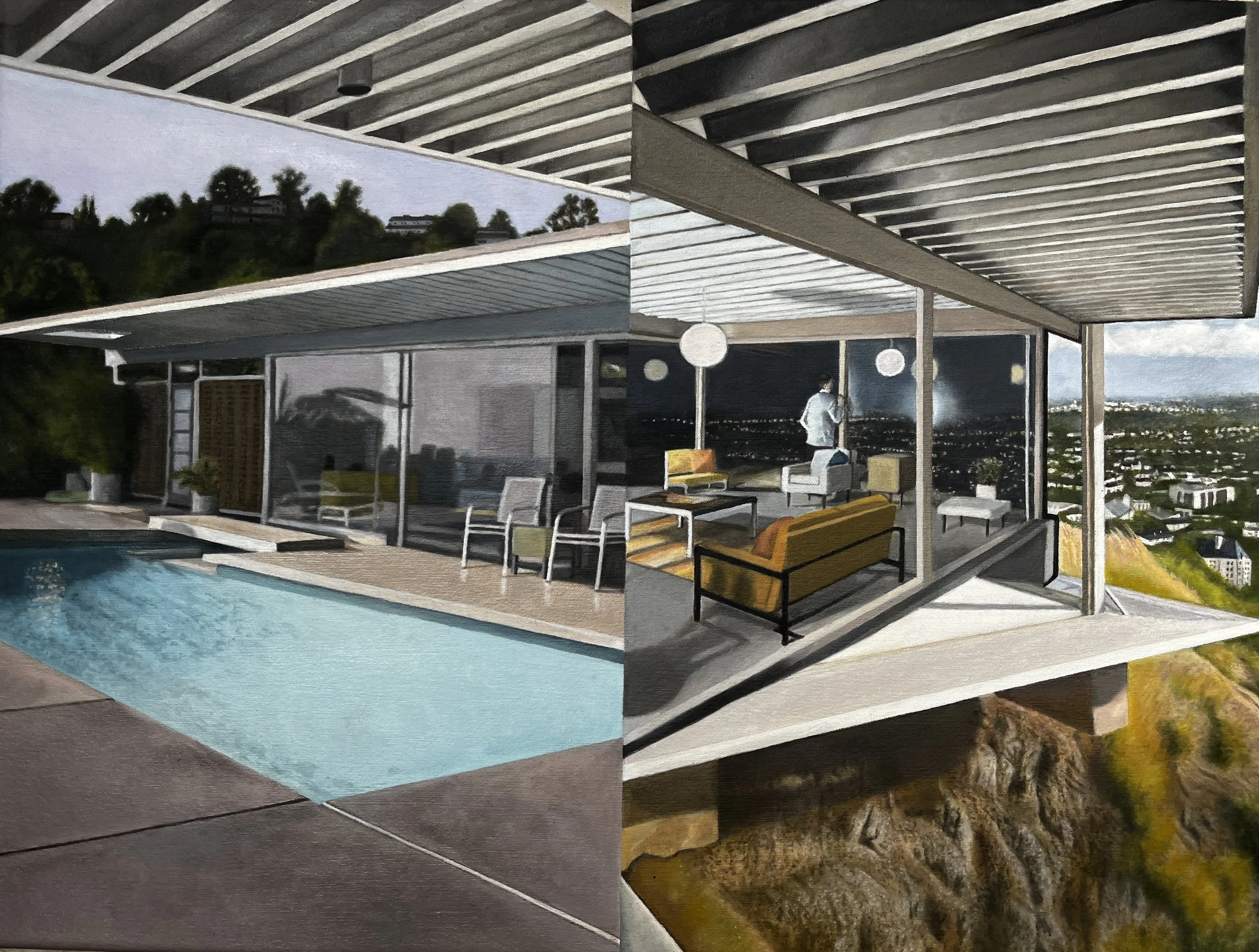 Modern outdoor patio area with a swimming pool, comfortable seating, and city skyline view, under a structured roof with pendant lights.