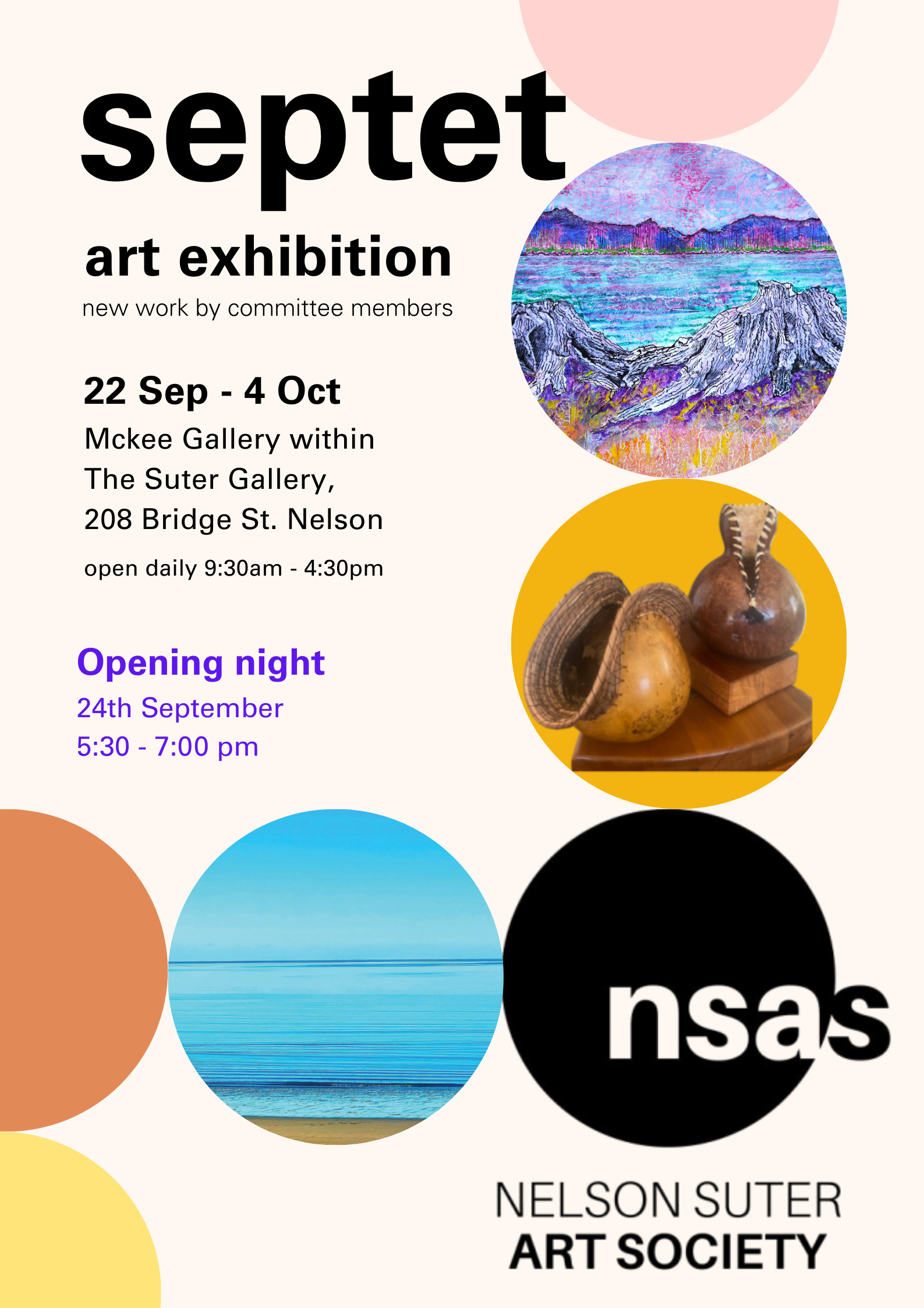 A colorful art exhibition poster for September at Nelson Suter Art Society. Includes images of a painted landscape, a seashell, and a sunset, with event details and dates from September 22 to October 4.