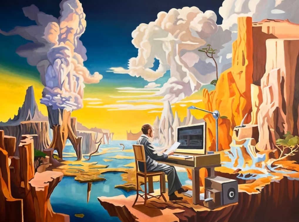 A surreal landscape with a man sitting at a computer in a canyon-like area, surrounded by cliffs, waterfalls, and a colorful sky with clouds and a setting sun.