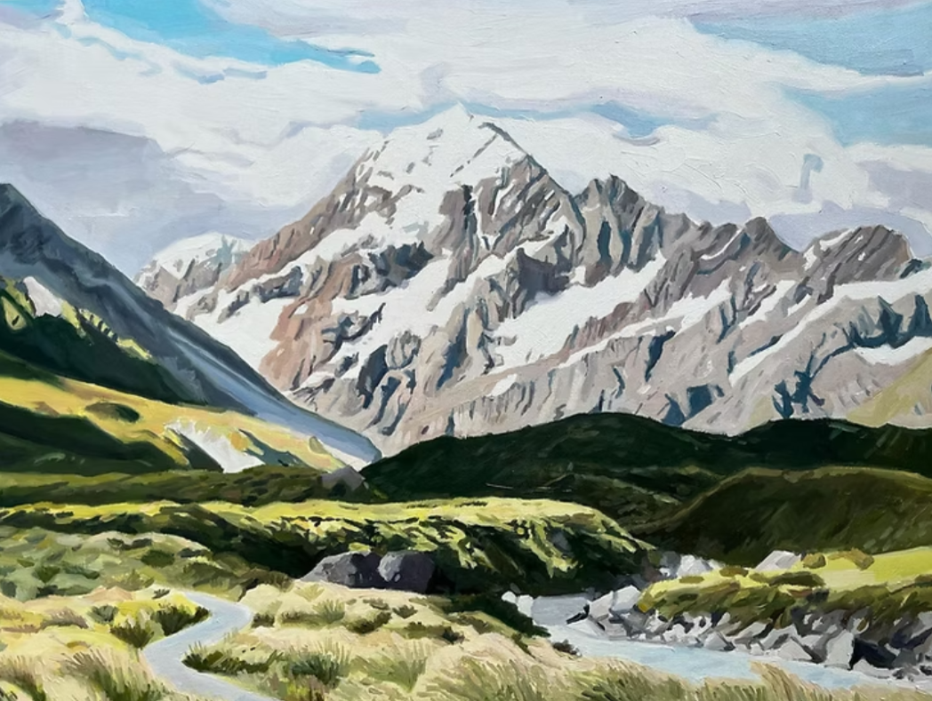 Painted landscape of snow-capped mountains, green rolling hills, and a winding river.