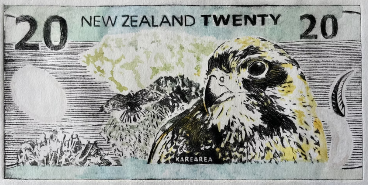 A New Zealand twenty dollar bill featuring a detailed illustration of a kiwi bird.