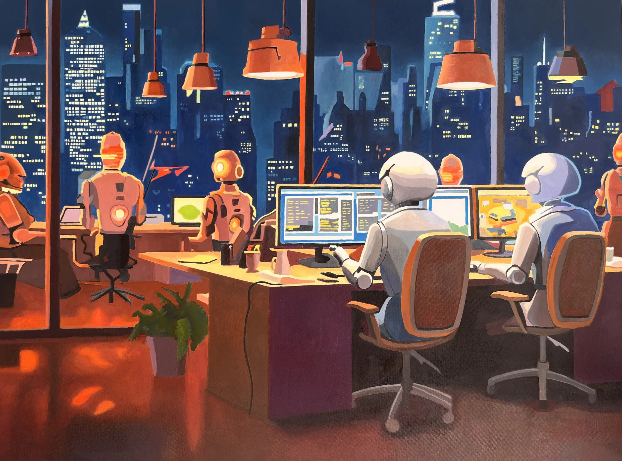 A futuristic office scene with robots working at desks using computers and monitors, with a city skyline visible through large windows at night, illuminated by city lights and orange hanging lamps.