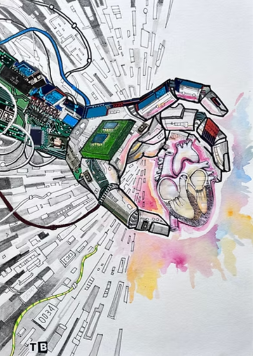 A robotic hand with electronic circuits holds a realistic watercolor painting of a human heart with colorful splashes behind it.