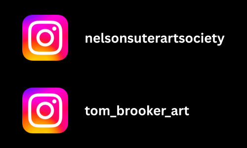 Black background with white Instagram icons and usernames: nelsonsuterartsociety and tom_brooker_art.
