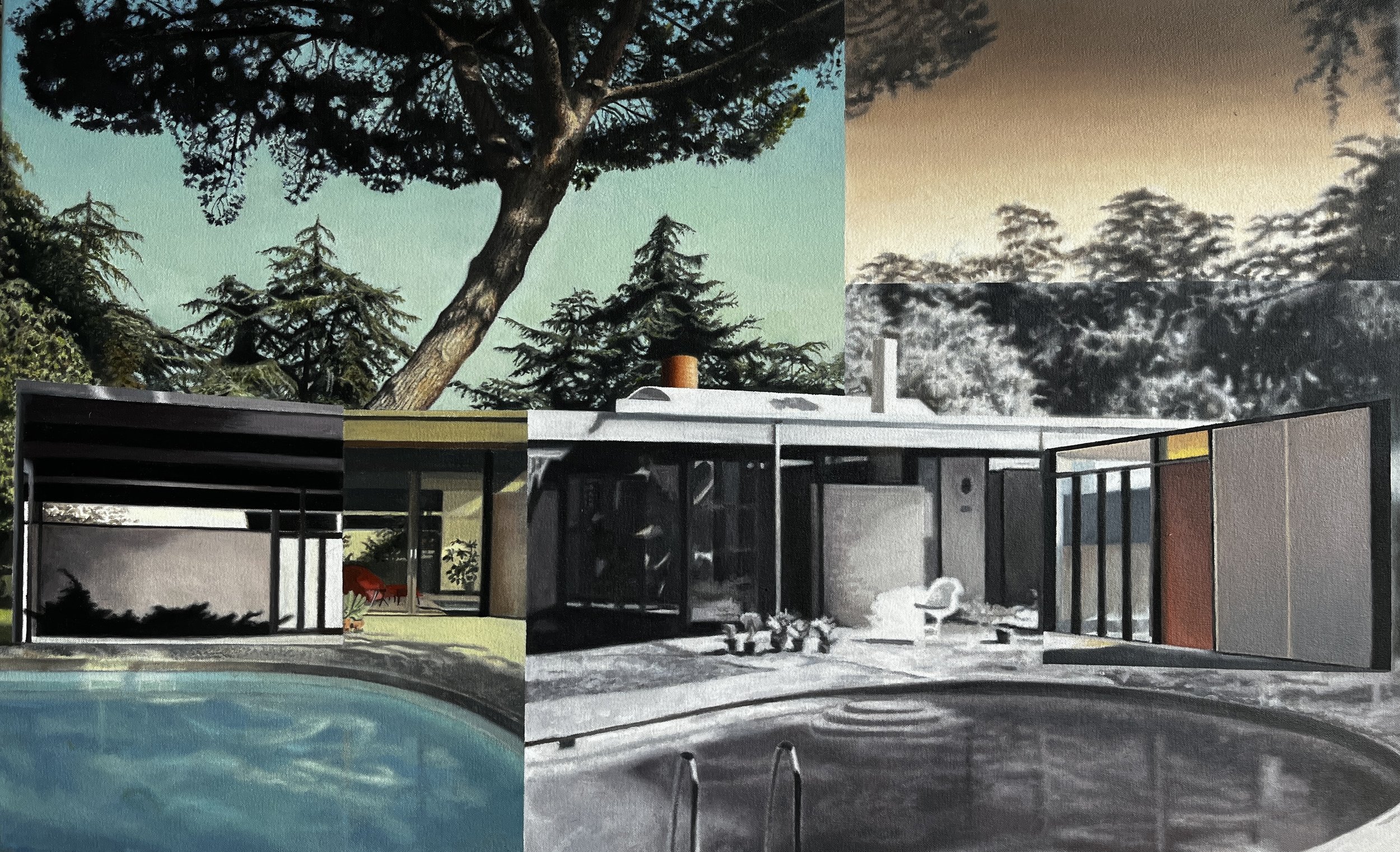 A collage of four photos showing different views of a modern house with a swimming pool, trees, and outdoor lounge areas, set in a lush, wooded environment.