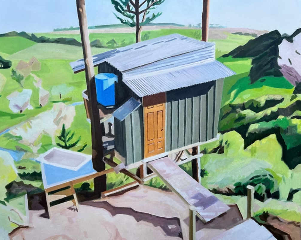 A watercolor painting of a treehouse in a rural area with green fields, trees, and a dirt path, featuring a wooden door, a blue water barrel, and an elevated platform with a ramp.