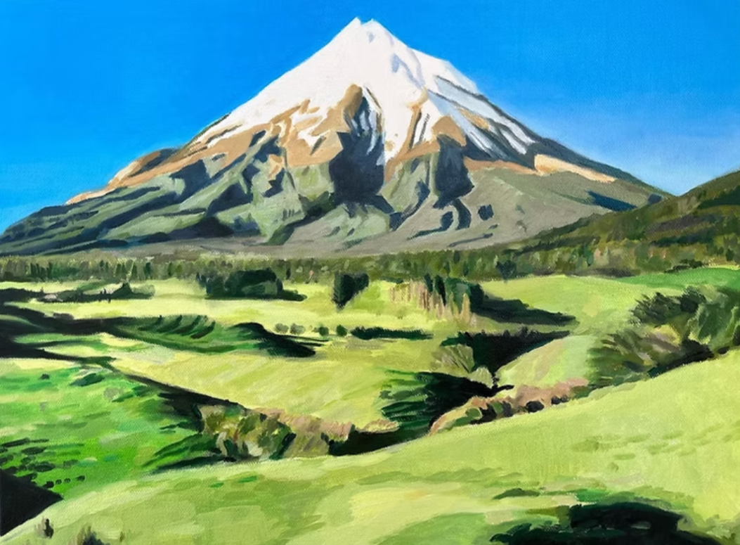 Painting of snow-capped mountain with lush green fields and hills in the foreground under a clear blue sky.