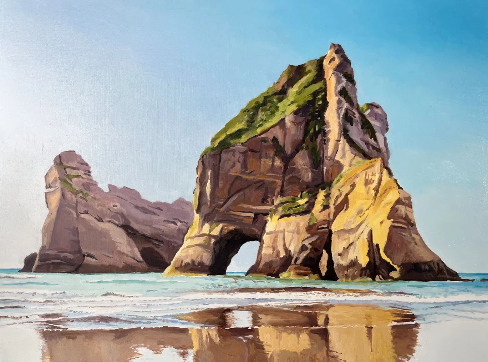 A painting of a coastal landscape with two large rock formations, one with natural arch, under a clear blue sky. The rocks are reflected in the shallow water along the shoreline.