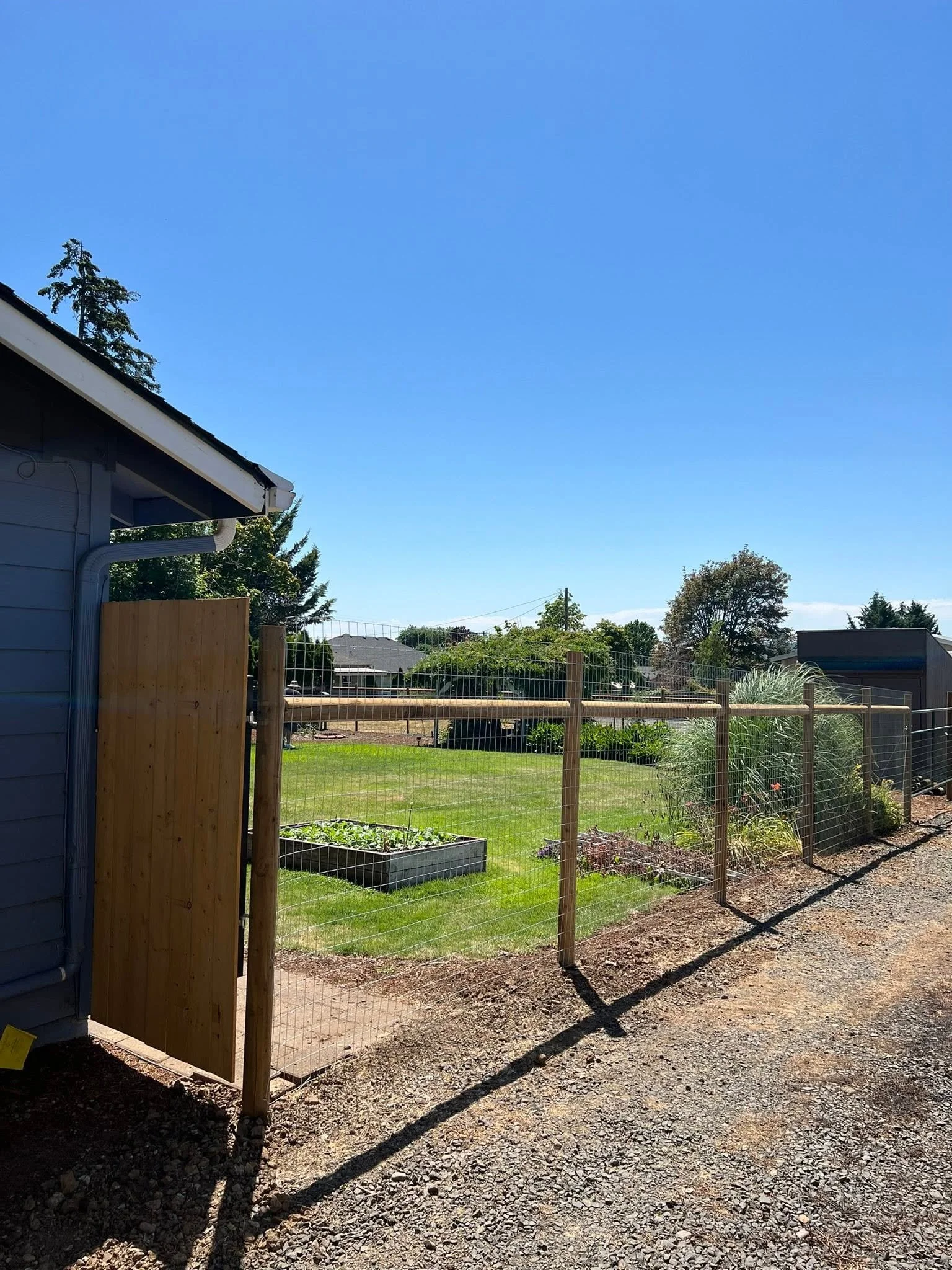 View of a backyard with a wooden fence, garden beds, trees, and a clear blue sky.