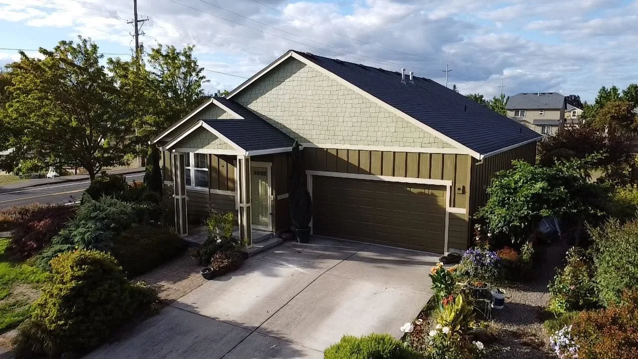 A modern two-story house with a dark roof and a green and beige exterior, surrounded by trees and plants, with a concrete driveway leading to a garage.