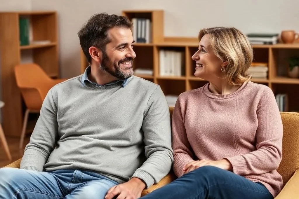 Ein Mann und eine Frau sitzen auf einem Sofa, lächeln sich an und scheinen sich zu unterhalten, im Hintergrund Bücherregale.
