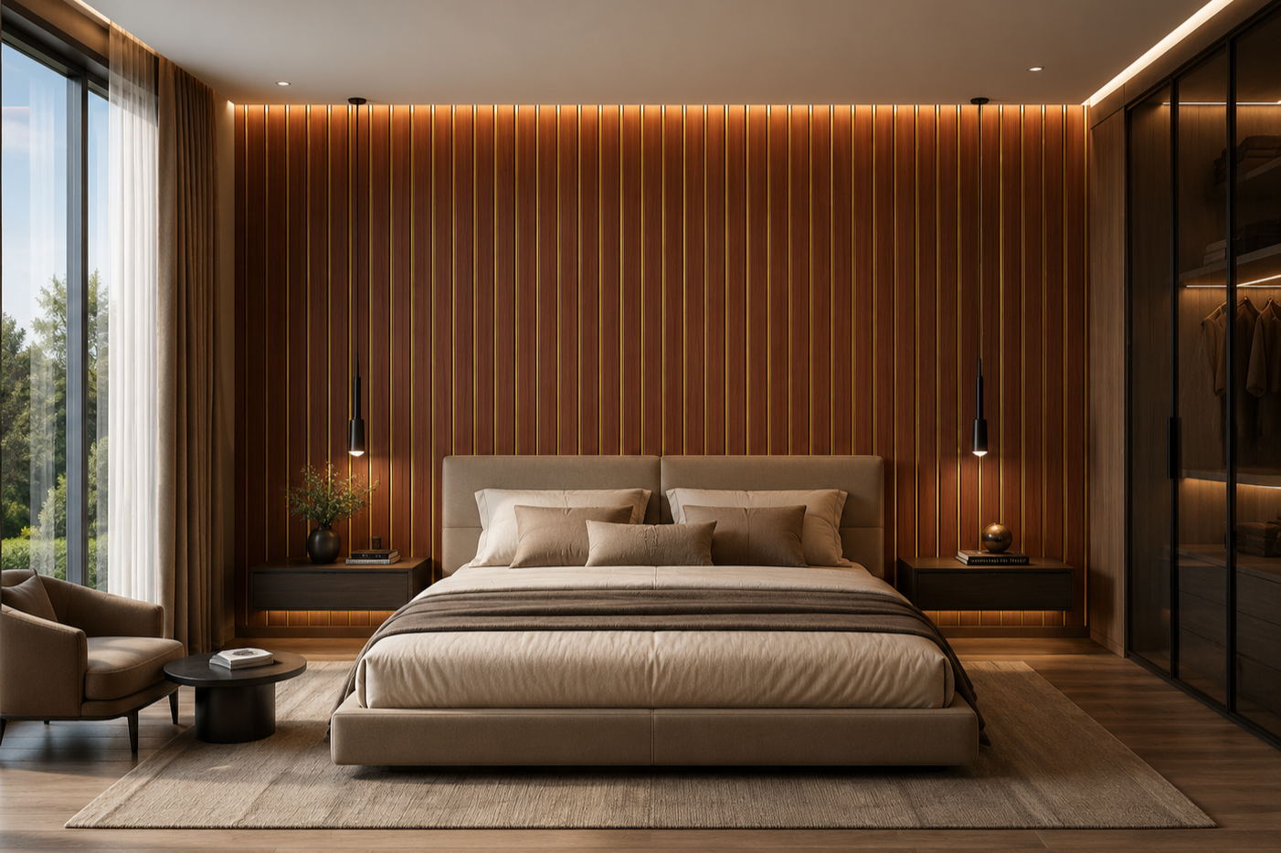 Modern bedroom with beige bed, side tables, pendant lights, armchair, and large window with curtains, wood-paneled accent wall, and glass closet.