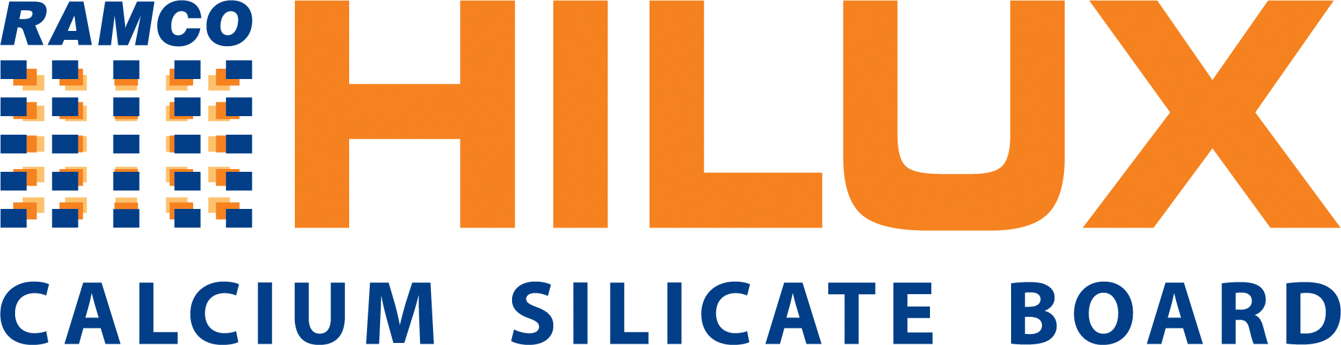 Logo for HILUX calcium silicate board with the RAMCO brand name and a graphic consisting of small blue and orange squares.