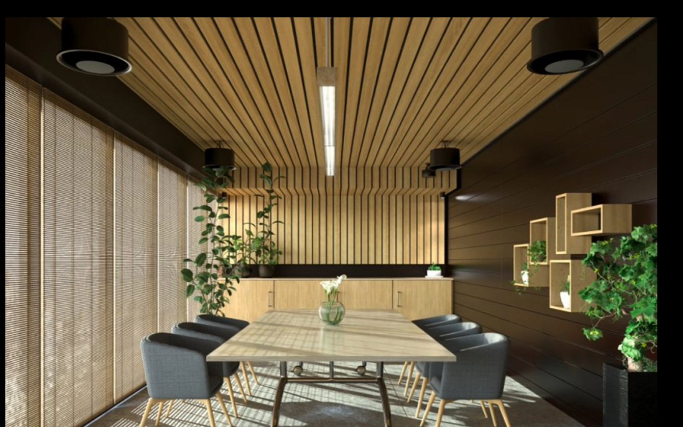 Modern meeting room with wooden walls, a rectangular table, six gray chairs, shelves with plants, large window with blinds, and ceiling lights.