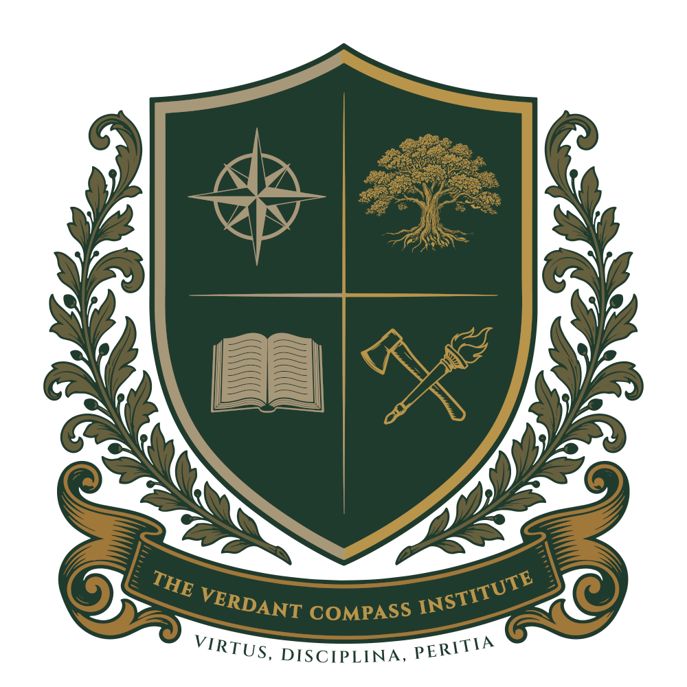 An academic crest with a shield divided into quadrants depicting a compass rose, oak tree with roots, an open book with written words, and a hatchet crossed with a torch. The shield is surrounded by a laurel and has a banner and motto  below it.