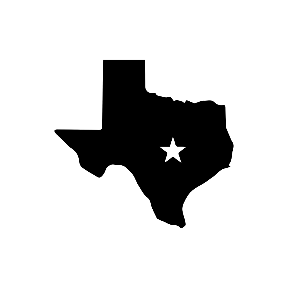 The State of Texas shaded black with a white five-point star located generally in central Texas around the capital area of Austin.