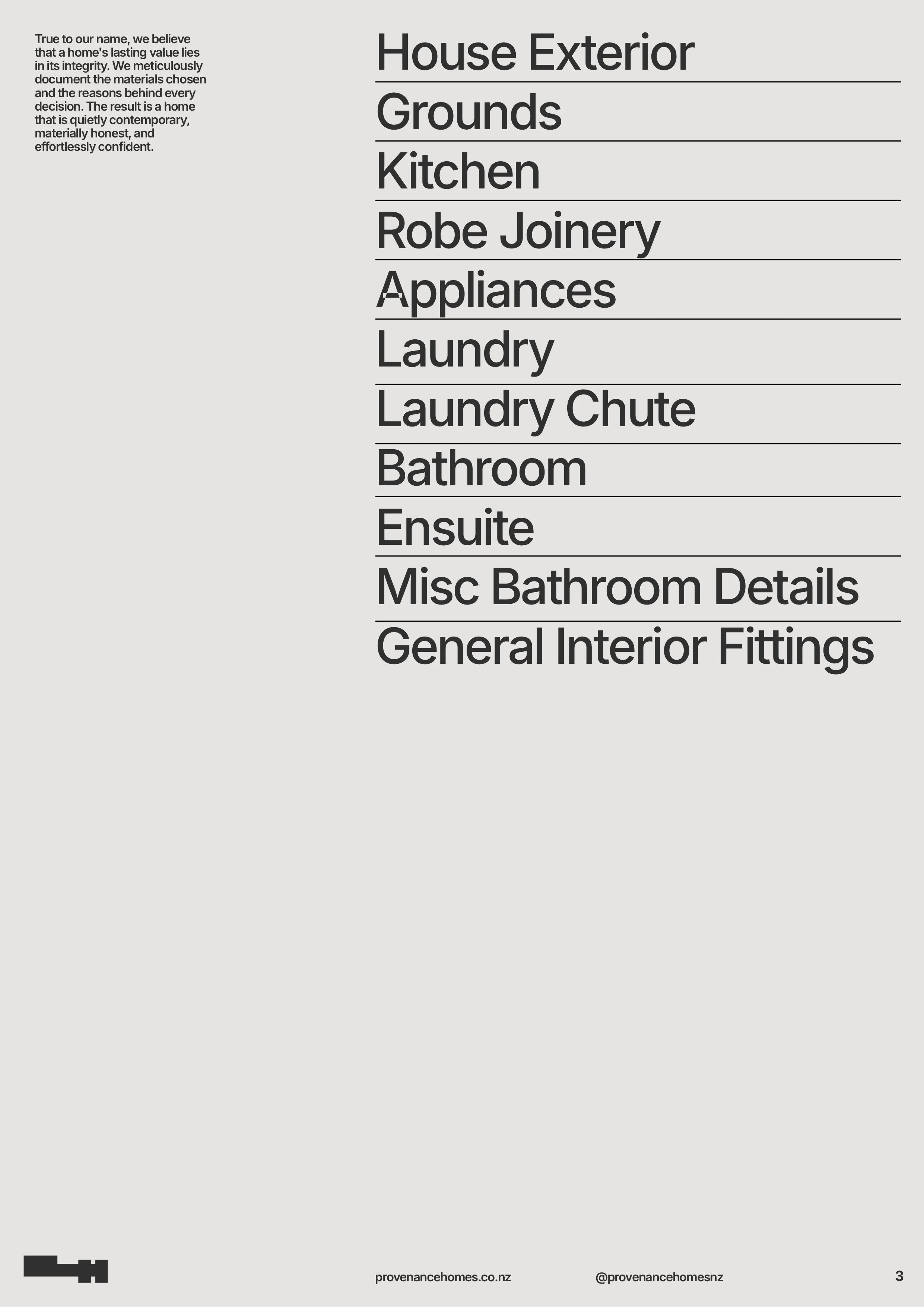 A page from the Provenance Document listing interior specifications: kitchen, joinery, appliances, laundry and bathroom fittings.