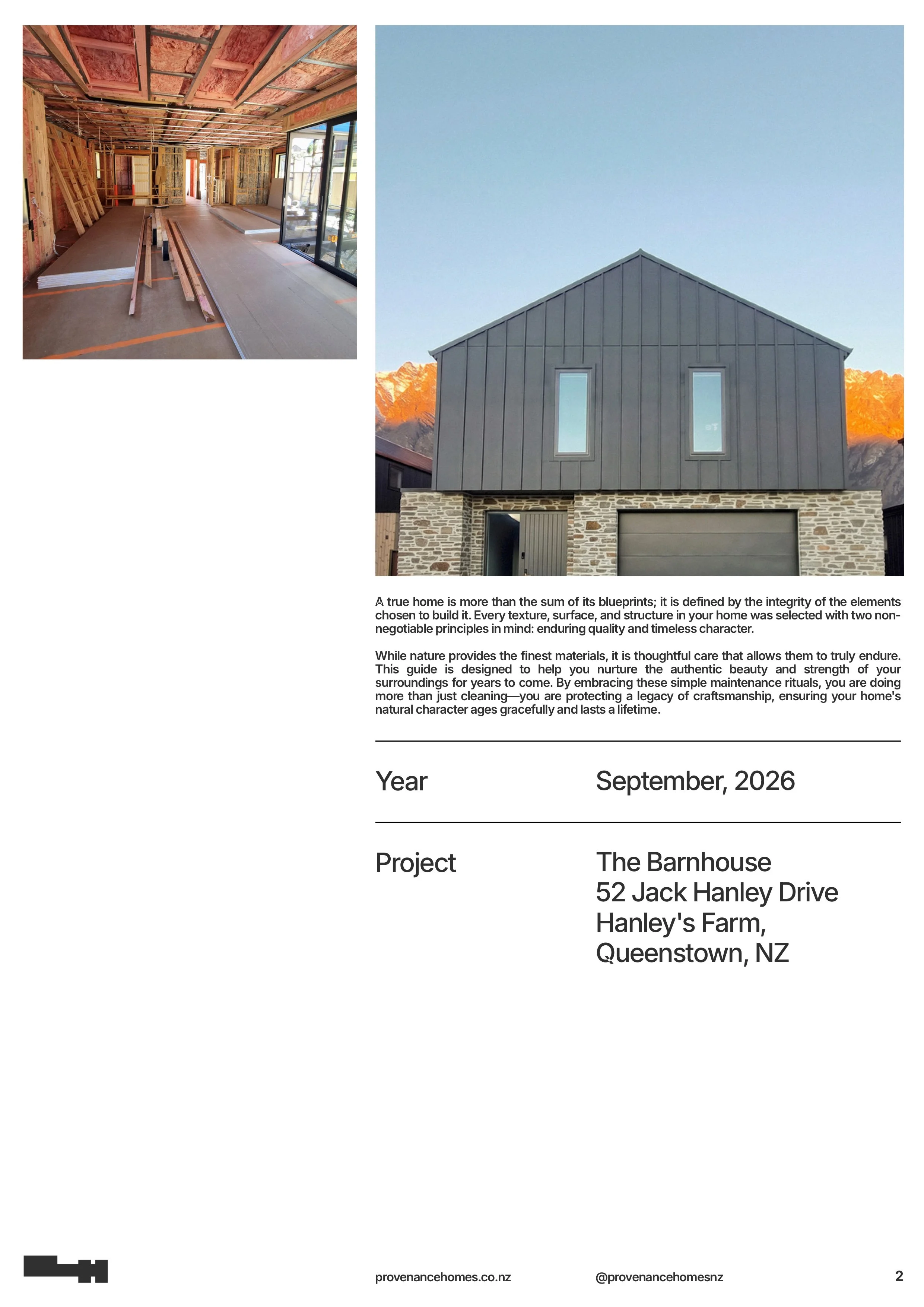A page from the Provenance Document pairing construction-stage and completed photographs of the same house.