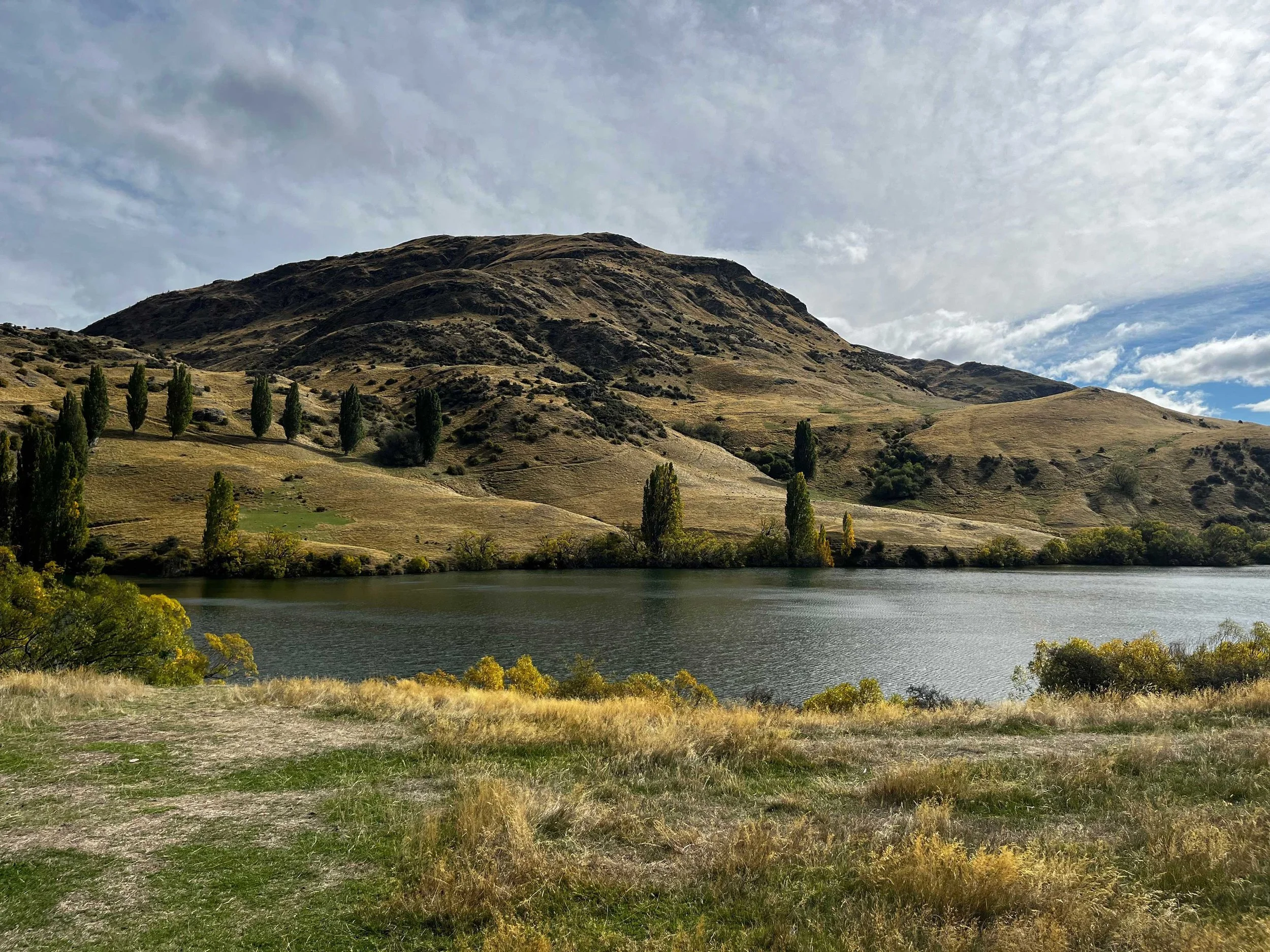 Lake Johnson in the Wakatipu Basin, with grass, trees and hill country under a cloudy sky.