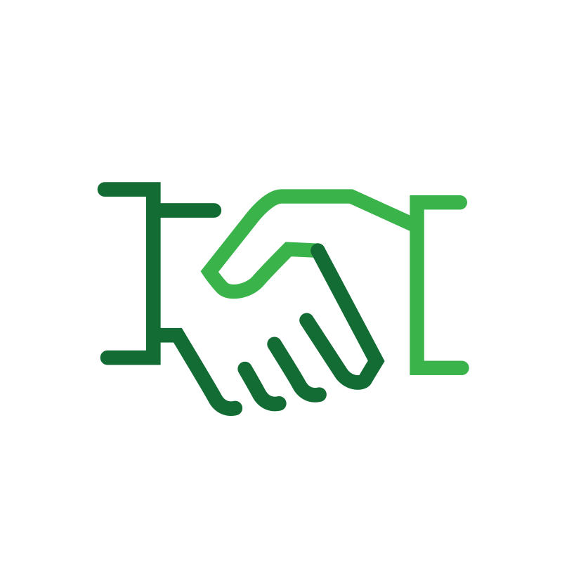 An outline of two hands shaking, represented in green digital line art.