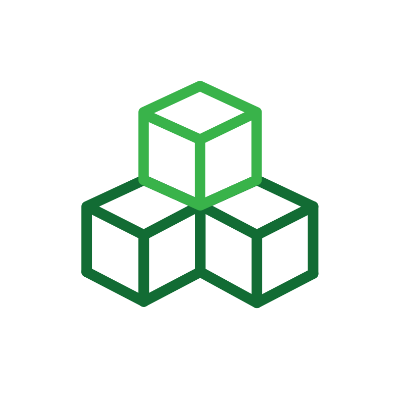 An icon of three interconnected cubes, with the top cube in green, connected to two lower cubes in darker green, representing a blockchain or network system.