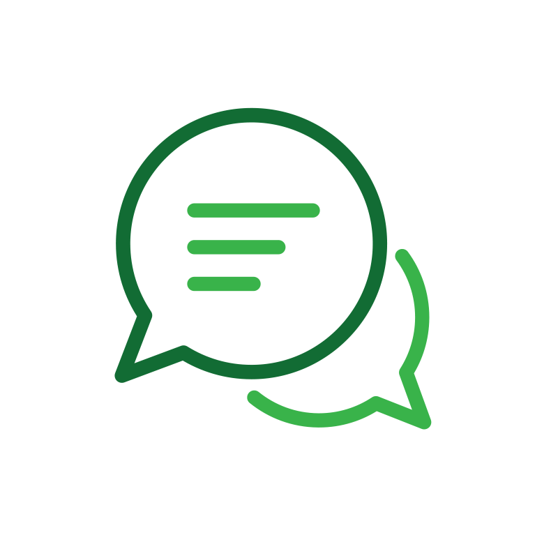 Green speech bubbles with lines inside, representing conversation or messaging, on a white circular background.
