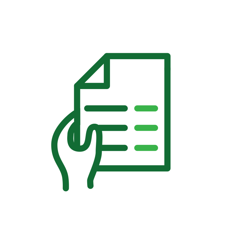 Icon of a hand holding a pen and writing on a piece of paper.