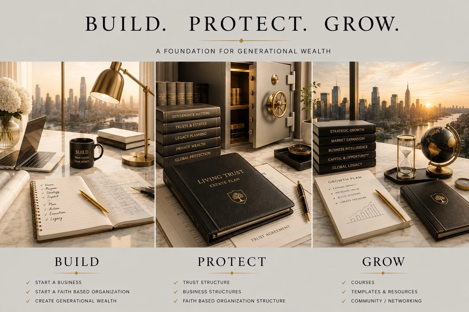 An organized workspace with a city skyline view at sunset, featuring a laptop, black mug with gold inscription, gold desk lamp, notebooks, a trust agreement, a gold pen, a globe, an hourglass, and stacks of books on wealth, growth, and strategy, illustrating themes of building, protecting, and growing wealth.