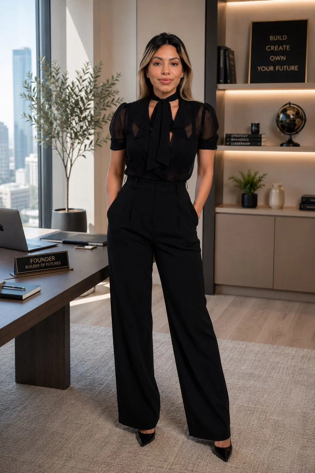 A woman in black professional attire standing in an office, with city buildings visible outside the window. She has hands in her pockets and a confident expression. Behind her are shelves with books, a small globe, and decorative plants.