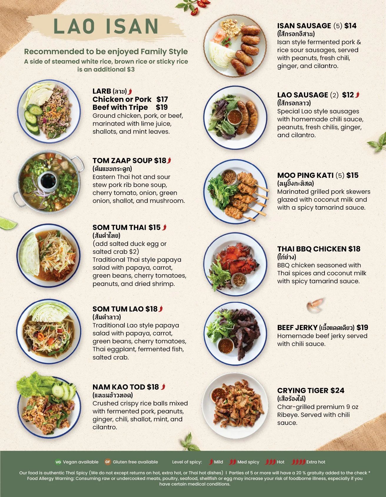 A menu featuring various Asian dishes with descriptions and prices, including items like Isan Sausage, Lao Sausage, Tom Zaap Soup, Som Tum Thai, Som Tum Lao, Nam Kao Tod, Thai BBQ Chicken, Beef Jerky, and Crying Tiger. Each dish is accompanied by a small photo.