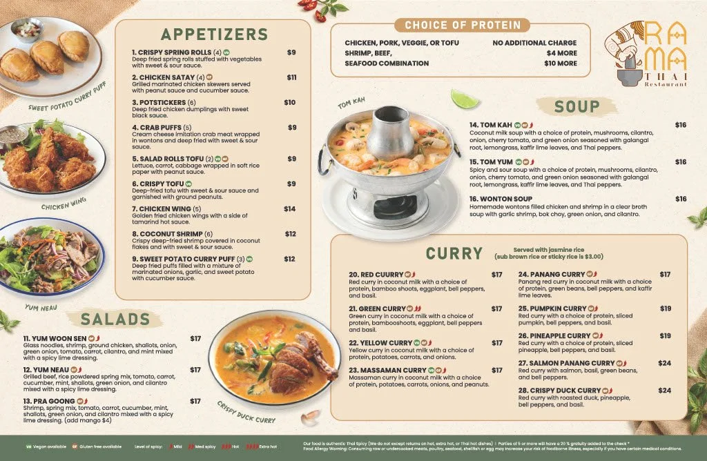 Menu featuring appetizers, salads, choice of protein, soup, and curry with prices, descriptions, and vegetarian options.