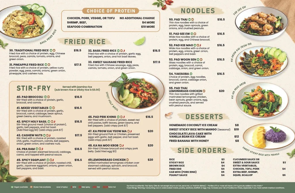 Menu featuring choice of protein, fried rice, stir-fry, noodles, desserts, and side orders, with dishes like traditional fried rice, pad thai, green beans with mango, and various rice and noodle options.