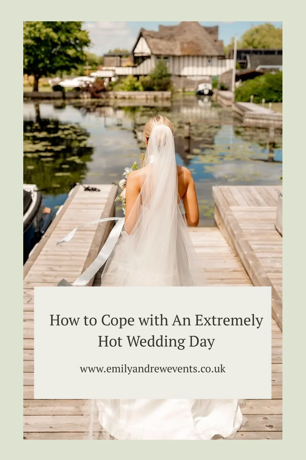 A bride on a hot summer day on a jetty near the Norfolk Broads