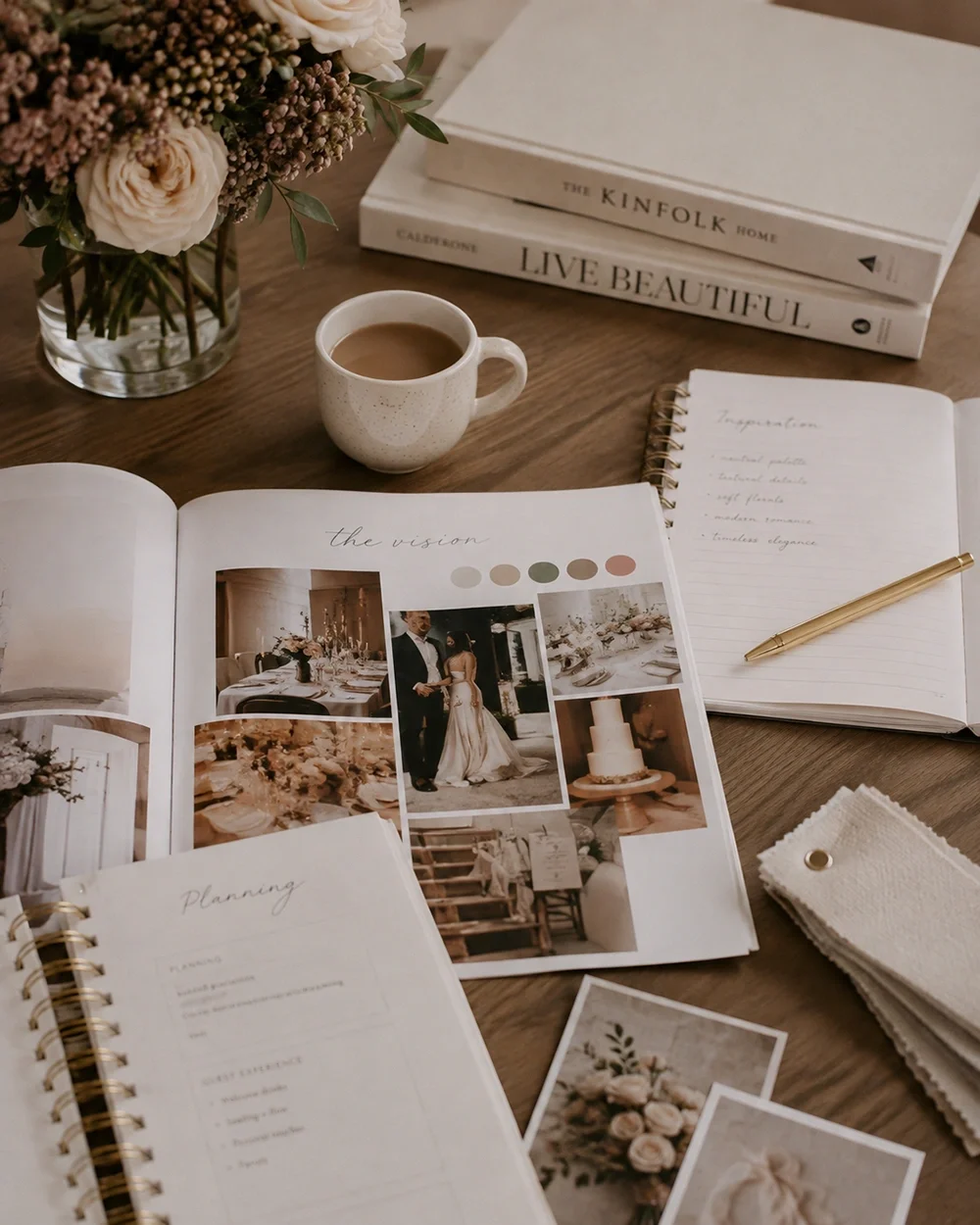 A table with books, planners and moodboards during a wedding inspiration session