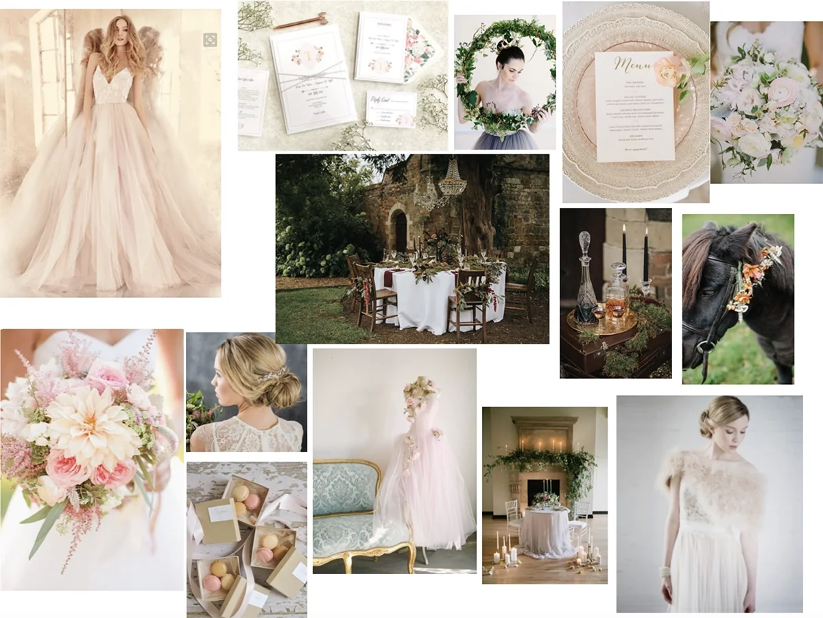 Moodboard for a style wedding photoshoot at Thurning Hall in North Norfolk