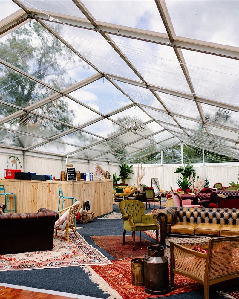 A marquee set up as a lounge for a family celebration