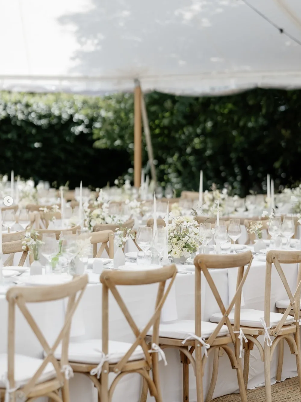 A wedding marquee with natural chairs and white florals