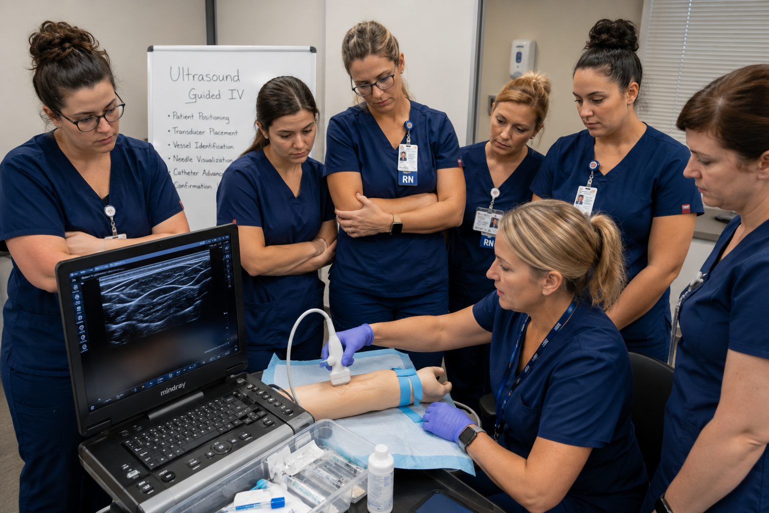 Nursing students and instructor practicing ultrasound on a medical mannequin arm during a training session.