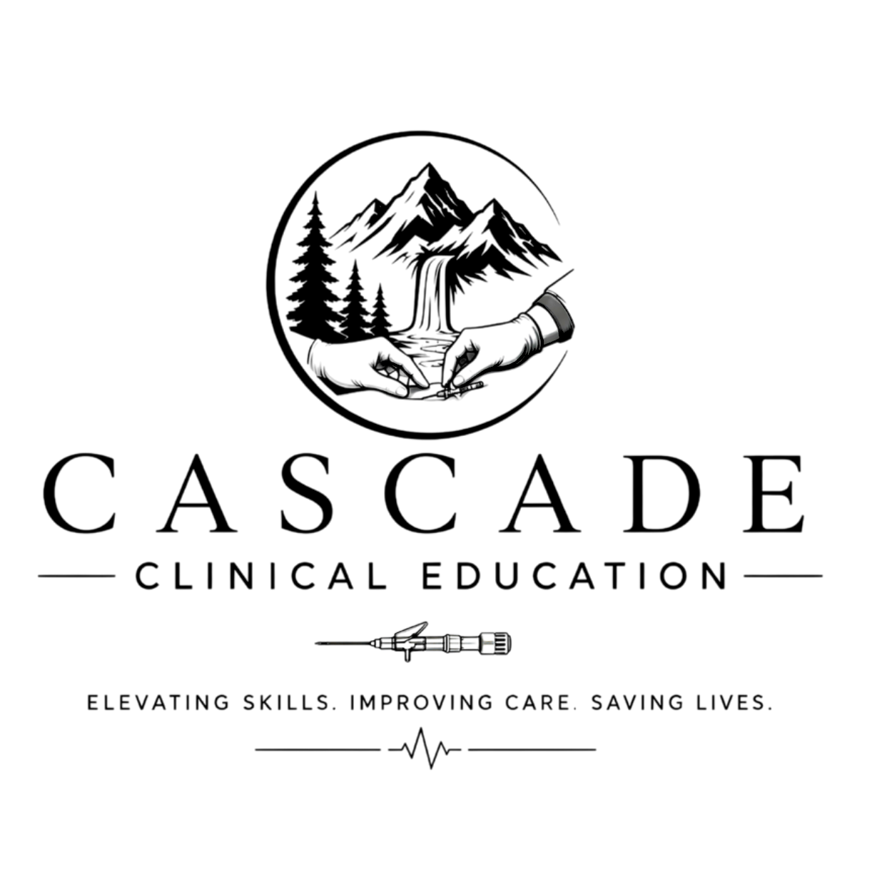 A black and white photograph of mountains with IV needle in logo