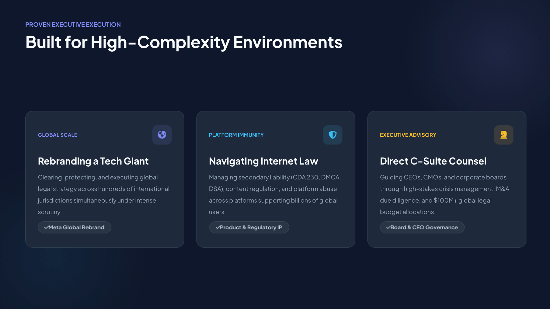 Digital presentation slide with the title 'Built for High-Complexity Environments' and three sections titled 'Global Scale', 'Platform Immunity', and 'Executive Advisory', each with descriptive text and icons.