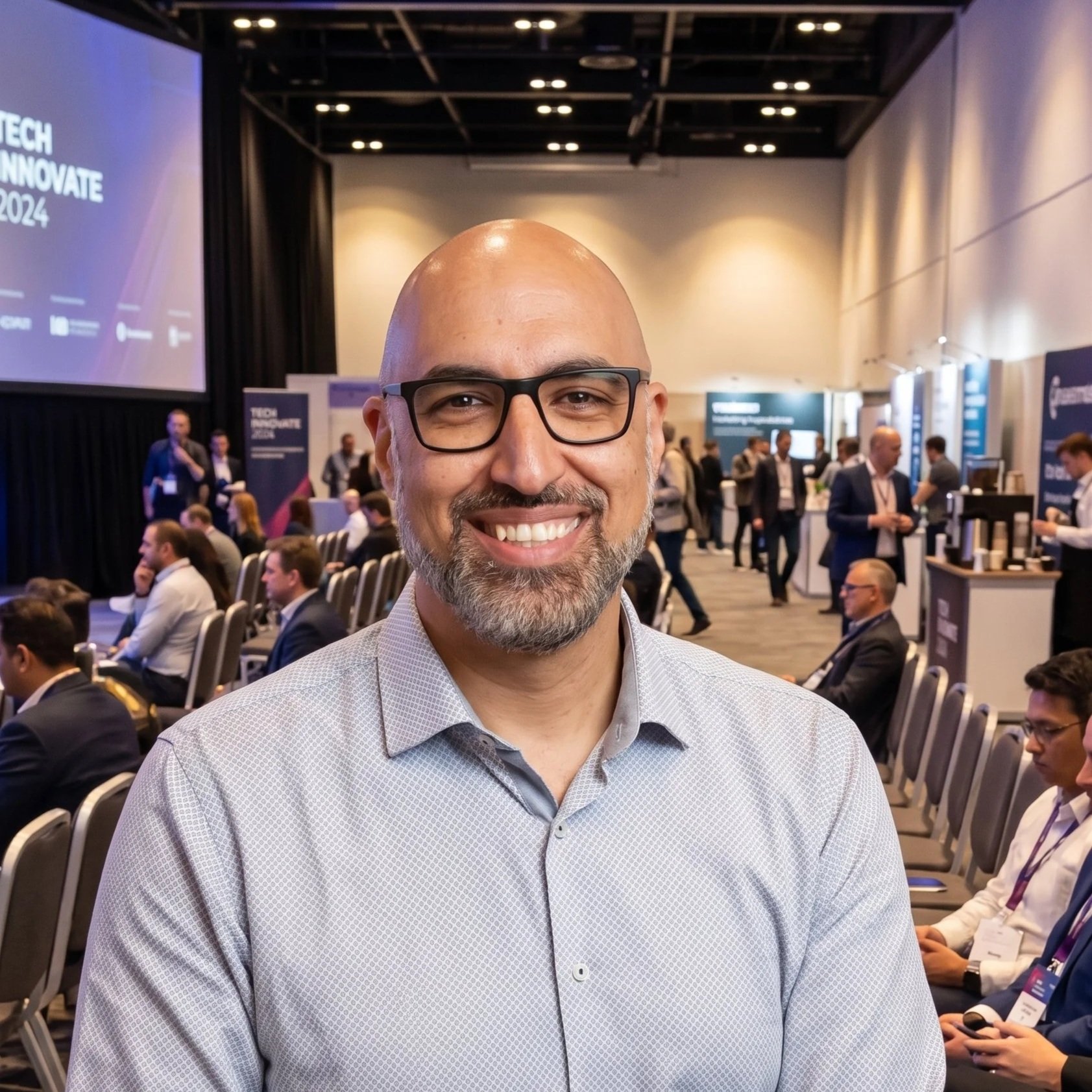 A man with glasses and a gray patterned shirt smiling at a conference or seminar, with a crowded room of attendees, presentation screens, and booths visible in the background.