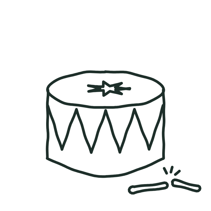 Hand-drawn drum with a torn skin and a snapped drumstick