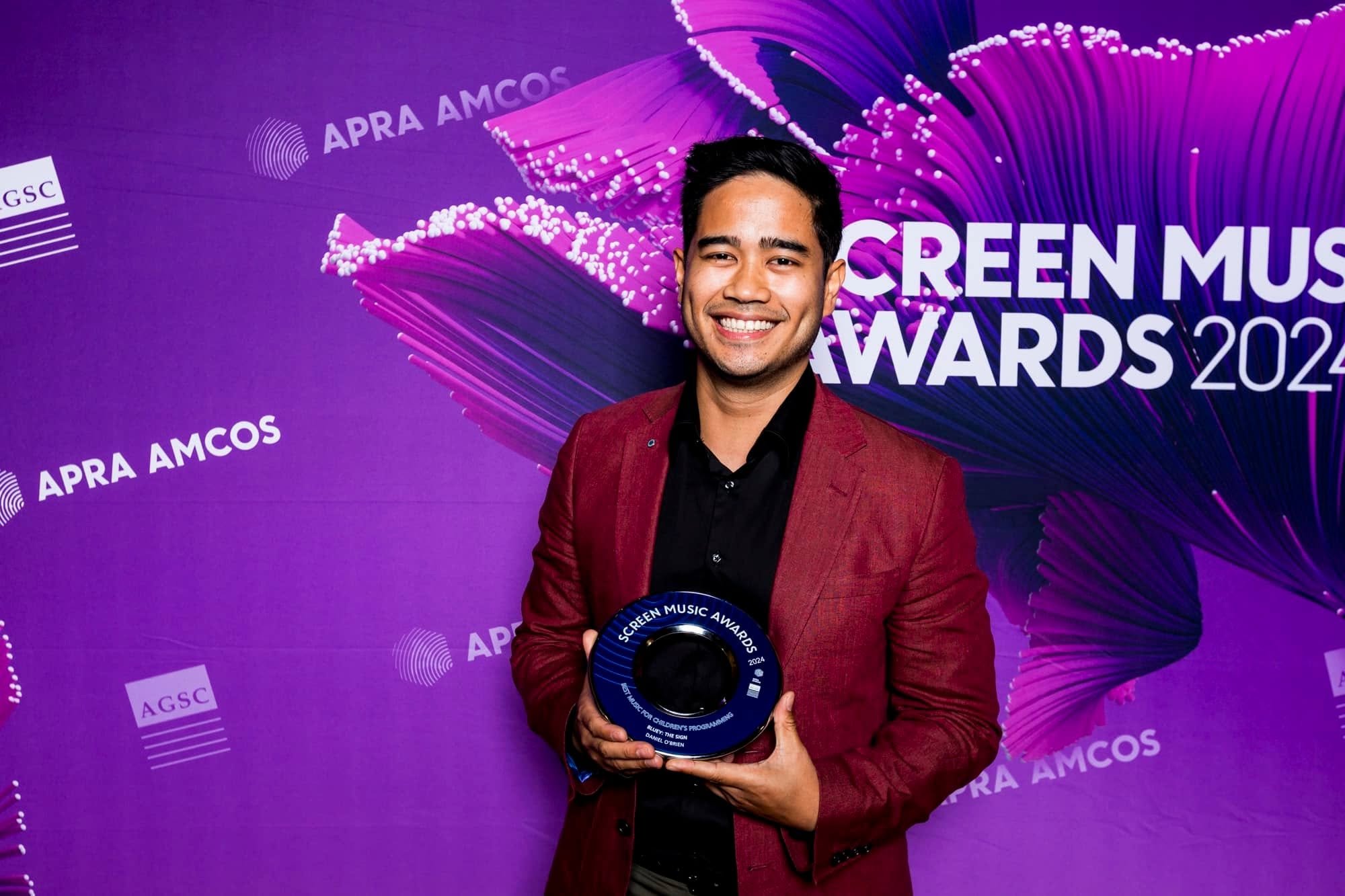Daniel O'Brien receives the APRA AGSC Screen Music Award for Best Music for Children's Programming 2024, for Bluey: The Sign.