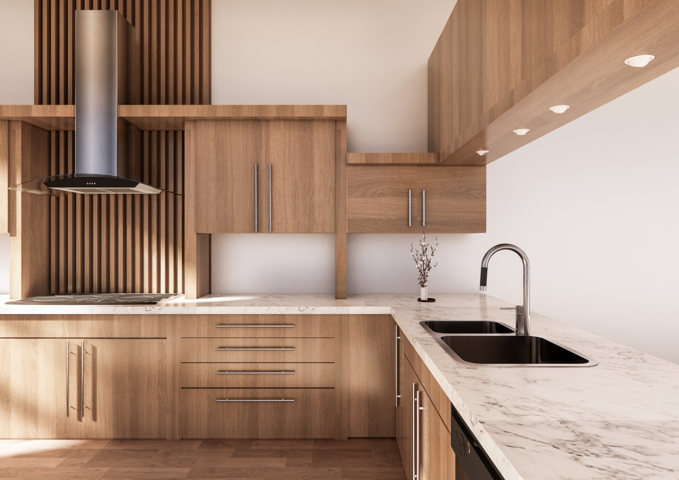 Modern kitchen with wooden cabinets, white and gray marble countertops, a stainless steel range hood, and a black sink with a chrome faucet.
