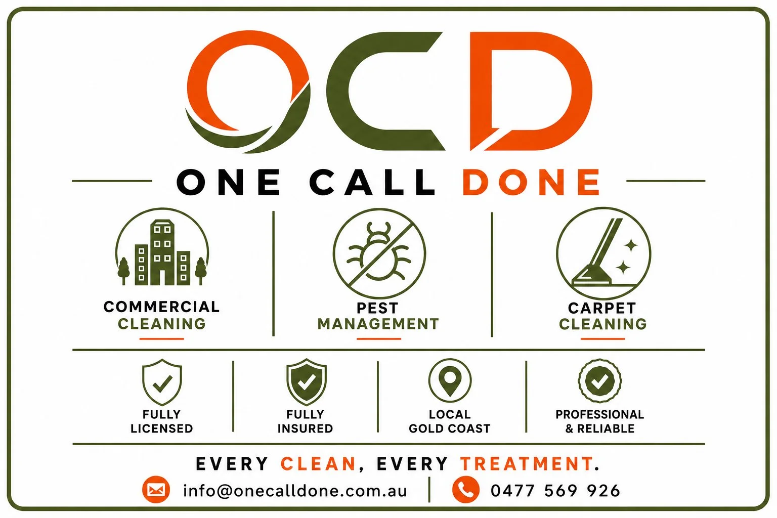A clean and professional business card for One Call Done, a cleaning service. It features the company logo, the slogan "One Call Done," and icons representing services such as commercial cleaning, pest management, and carpet cleaning. The card highlights that the company is fully licensed, insured, local to Gold Coast, and reliable. Contact information includes email and phone number.
