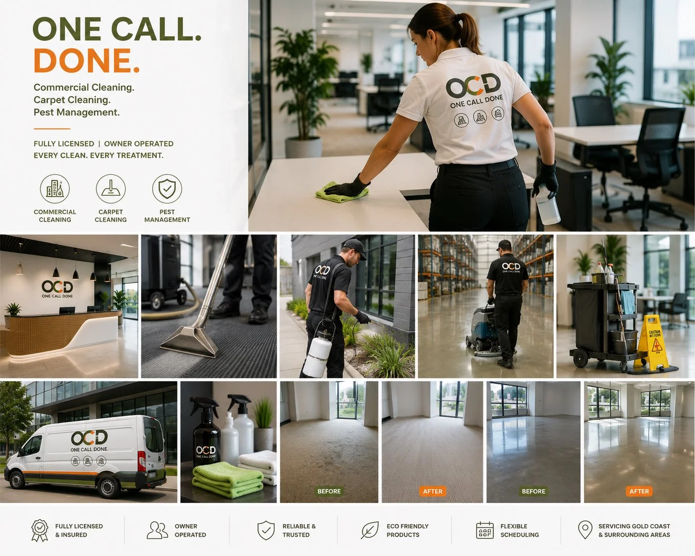 A collage of images showing commercial cleaning services by OCD, including cleaning a conference room, counter, floors, windows, and carpets. Pictograms and text highlight the company's services such as commercial cleaning, carpet cleaning, pest management, and eco-friendly products. The images also show OCD employees, cleaning equipment, a company van, and before-and-after shots of cleaned rooms.