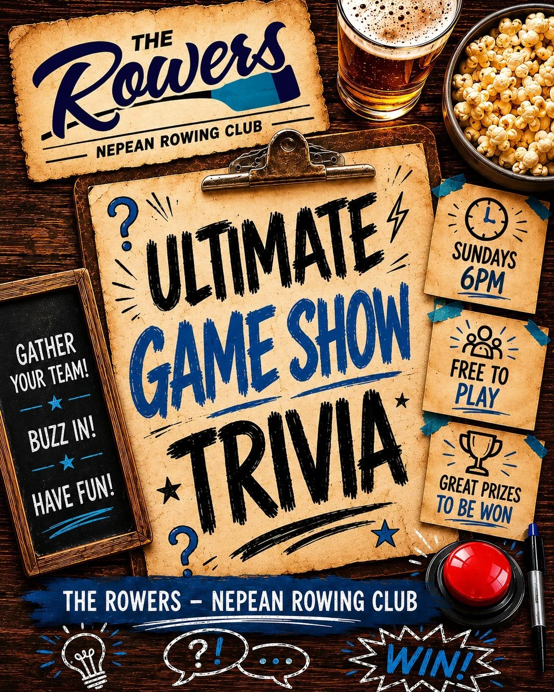Promotional poster for an ultimate game show trivia event hosted by the Nepean Rowing Club called 'The Rowers'. The poster features a vintage paper background with event details, including that it takes place Sundays at 6 PM, is free to play, and offers great prizes. The poster is decorated with a bowl of popcorn, a glass of beer, a red buzzer, and various icons and text encouraging teams to gather and have fun.