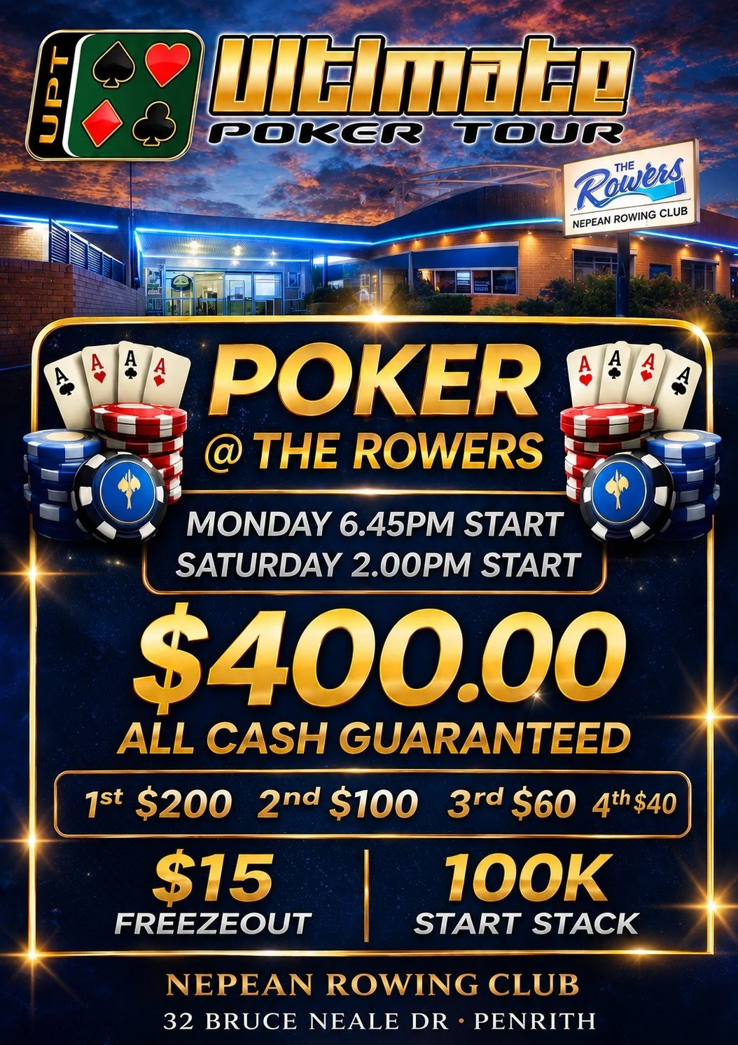 Flyer advertising a poker tournament at The Rowers Nepean Rowing Club, with details about start times, prize money, and other incentives.
